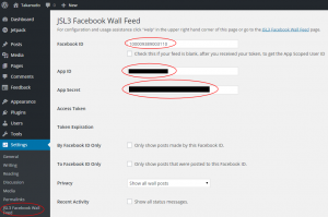 Go to 'JSL3 Facebook Wall Feed' under 'Settings' on your WordPress Administration menu. Enter the 'App ID' and 'App Secret' you recorded earlier. Also, enter your 'Facebook ID.'